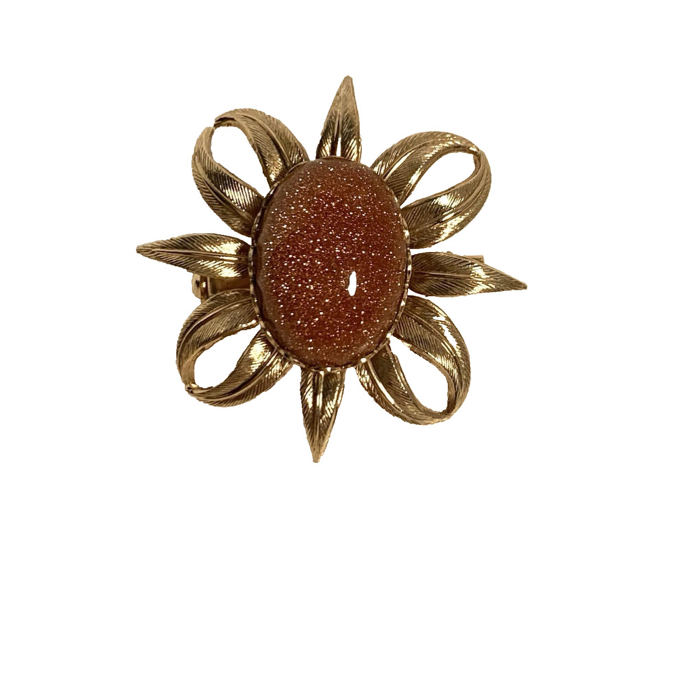 Vtg Dainty Brown Gold Fleck Stone Sunflower Brooch Gold Tone Floral Lingerie Pin